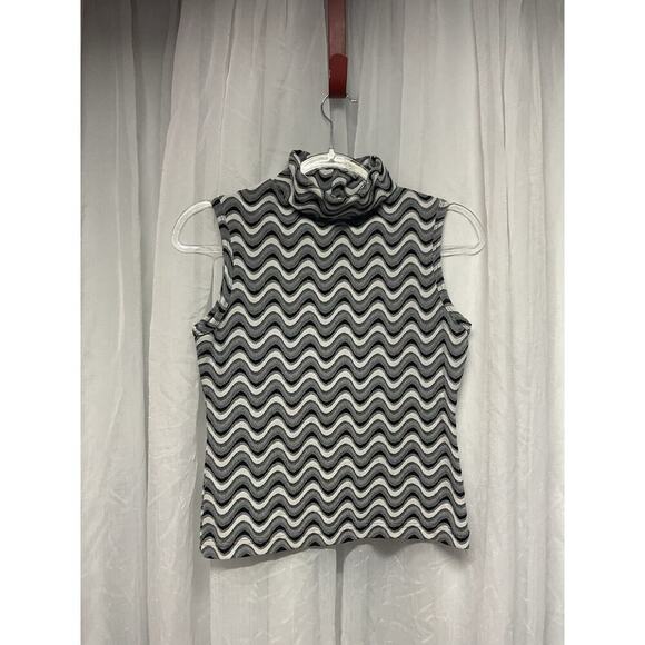 VTG Mandee Sleeveless Turtleneck Top Black White Wavy Y2K Retro SZ Medium USA - Picture 1 of 10